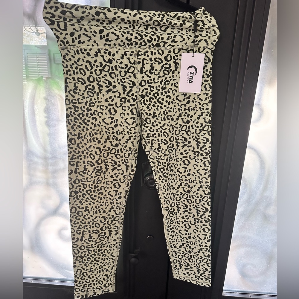 ZYIA Womens Leopard Print Leggings - Black and Lime green